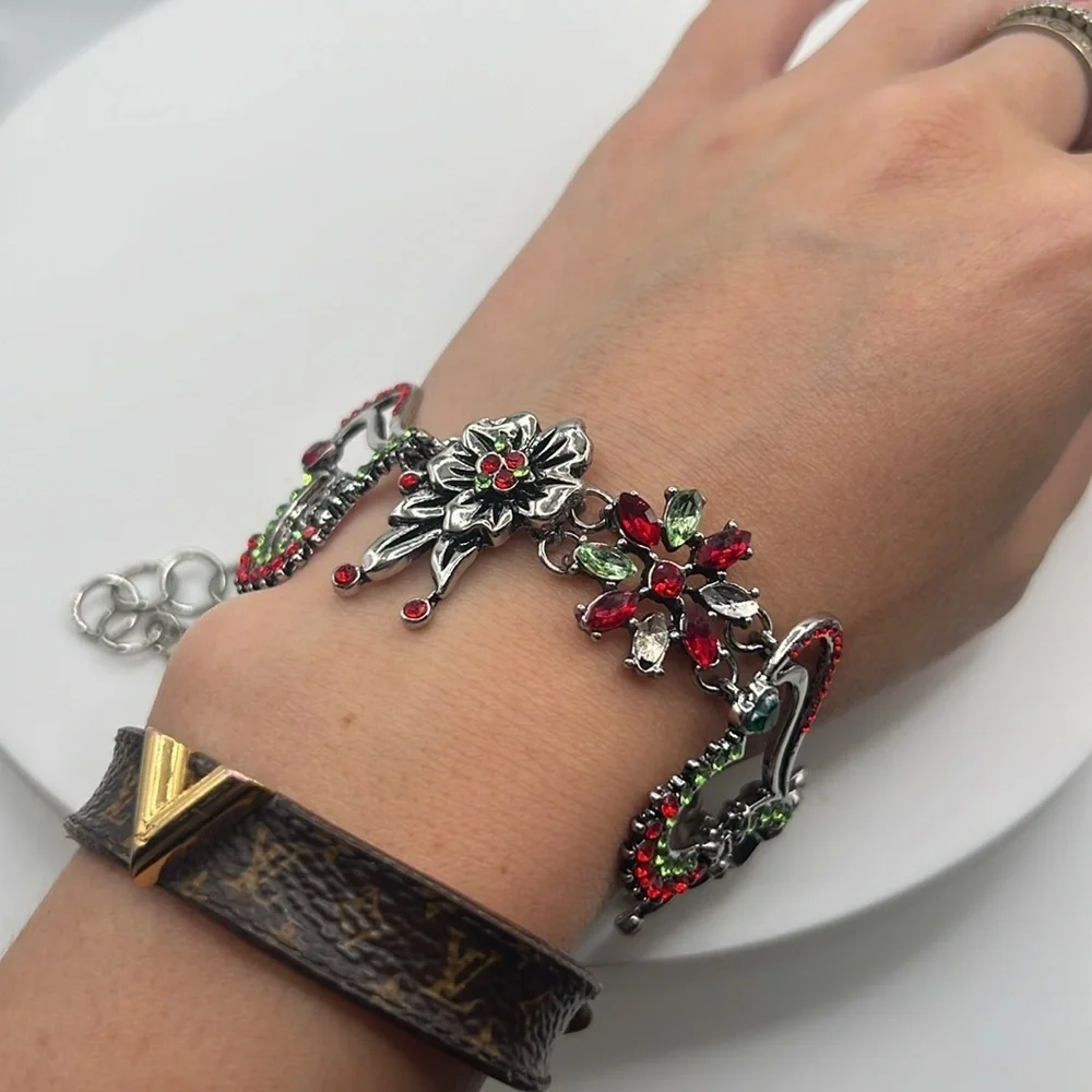 316. Elegant Silver and Red Floral Bracelet